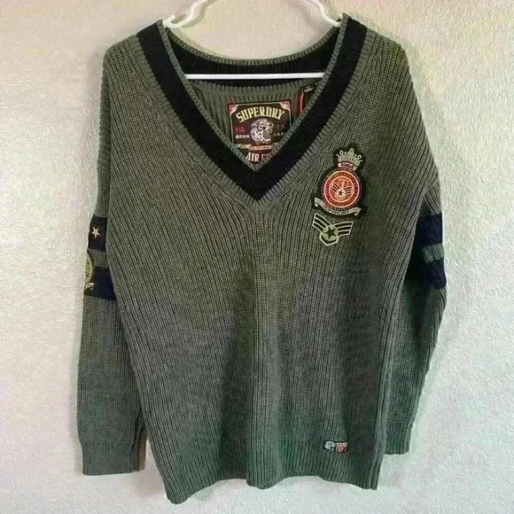 Superdry Alexis Varsity Vee Knit Jumper Sweater Green NWT Women Size 6 - Picture 1 of 4